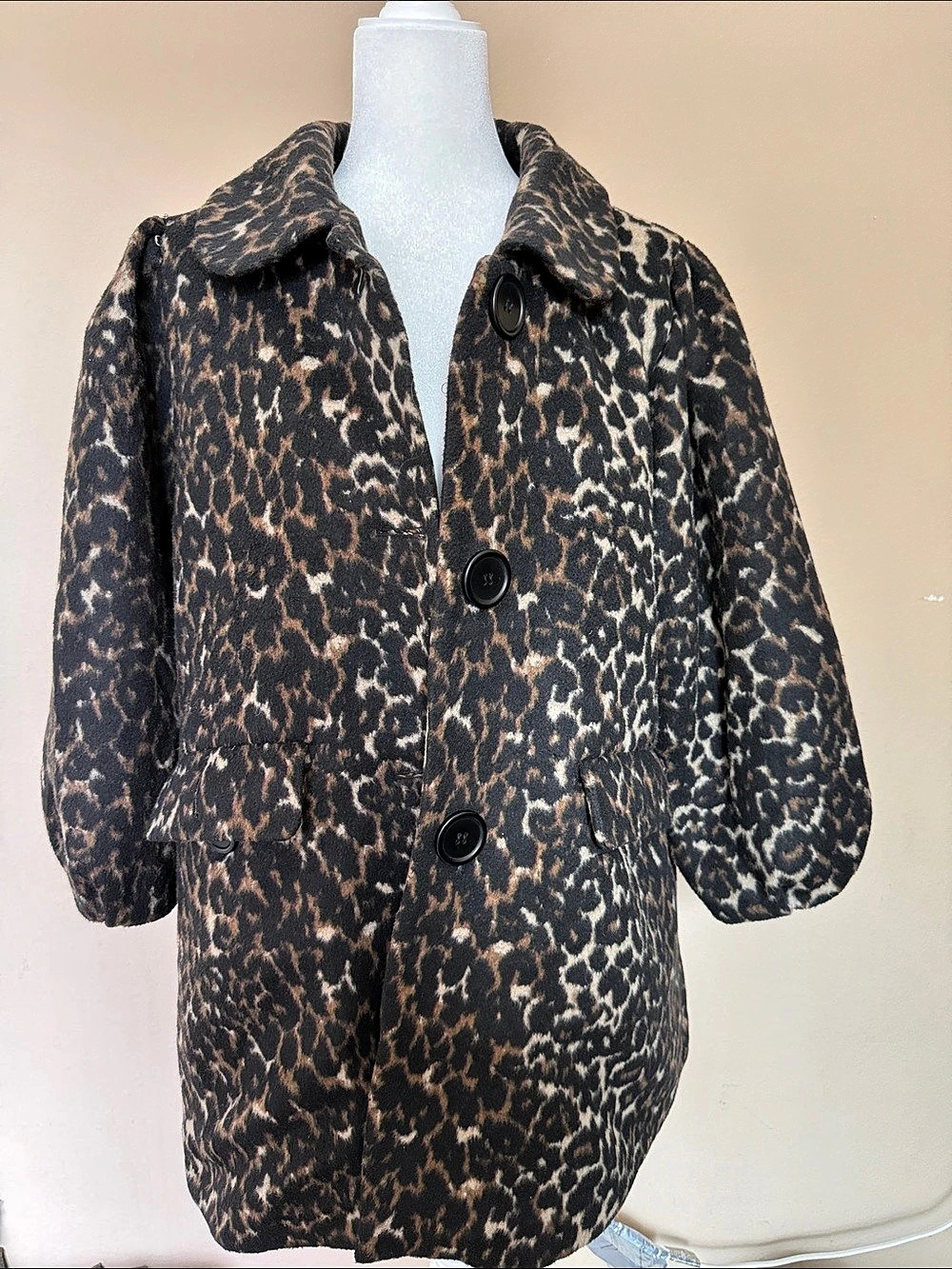 Hazel Leopard Print Puff Sleeve Button Front Overcoat Animal Print Teddy Jacket